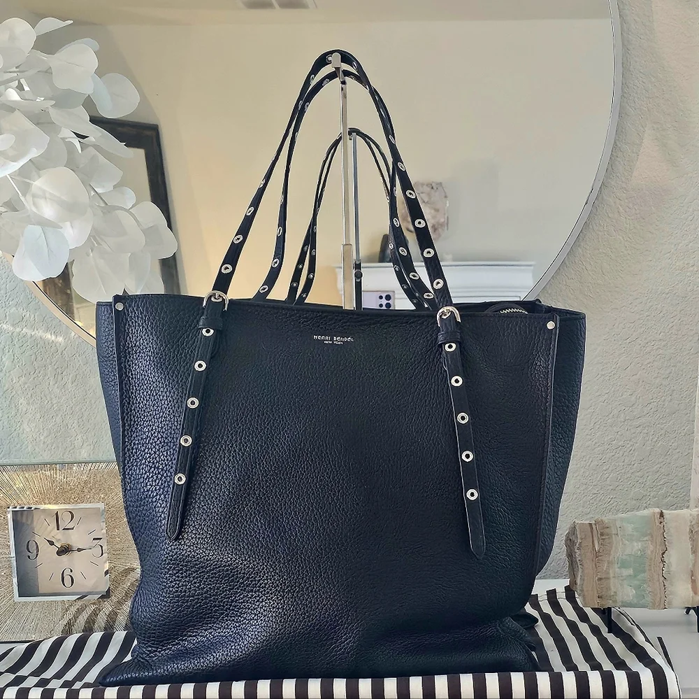 henri bendel Black Leather Tote with Grommet Strap Details